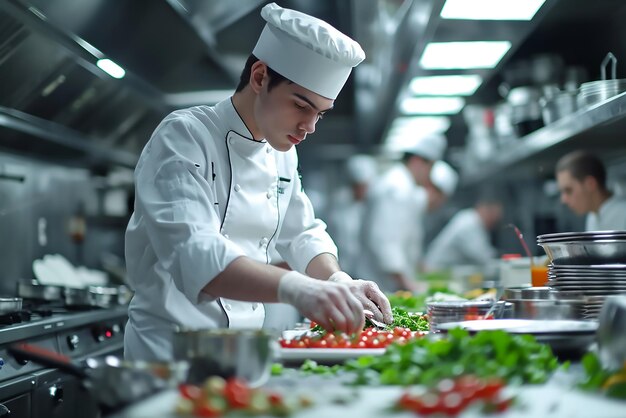 Um jovem chef profissional trabalhando na cozinha do hotel