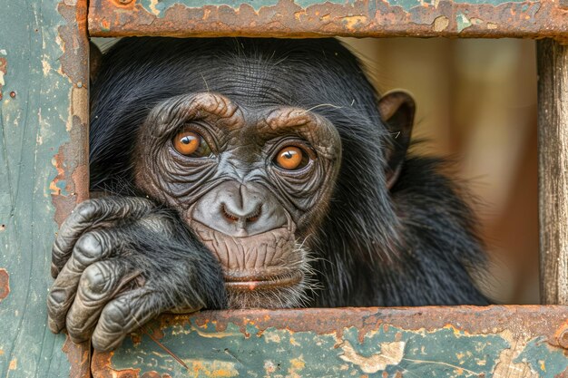 Um jovem chimpanzé expressivo olhando através de uma estrutura de janela de madeira rústica em seu habitat natural