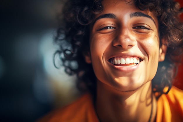 Foto um jovem com cabelo encaracolado sorrindo e usando um colar