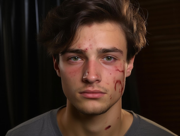 Foto um jovem com feridas e arranhões no rosto quebrado.