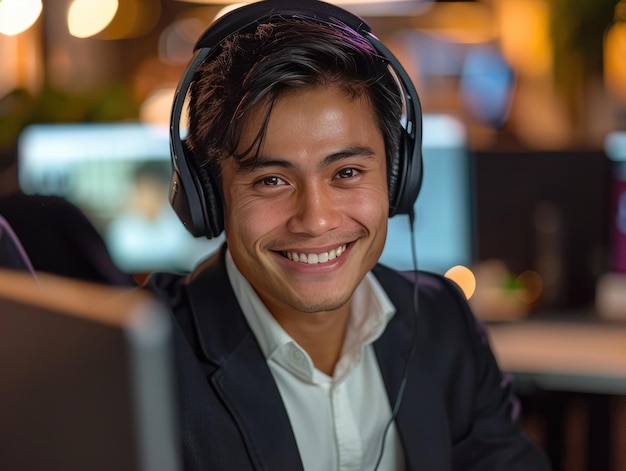 Um jovem com fones de ouvido no escritório