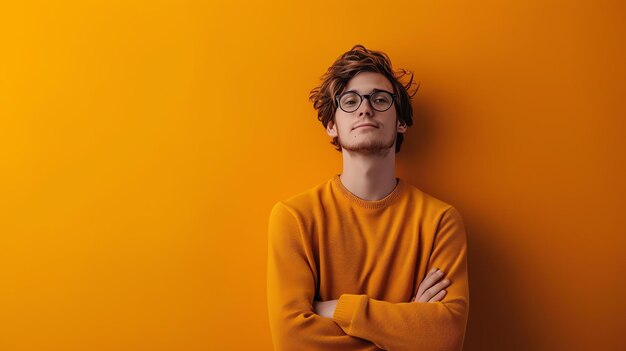 Foto um jovem com óculos e um suéter amarelo está de pé contra um fundo amarelo