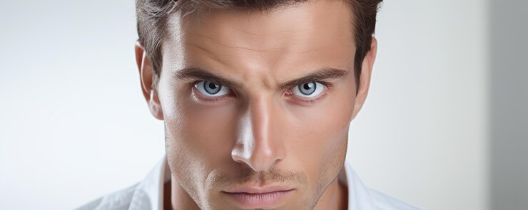 Foto um jovem com olhos azuis intensos olha diretamente para a câmera mostrando uma expressão séria