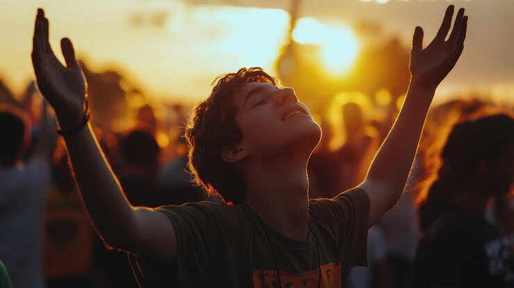 Foto um jovem com os braços levantados na frente de uma multidão de pessoas com o sol atrás dele