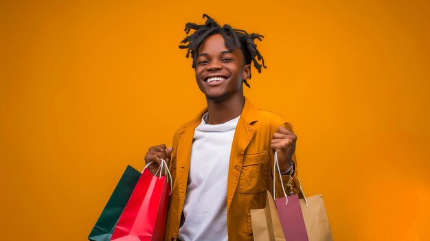 Um jovem com sacos de compras e sorrindo.