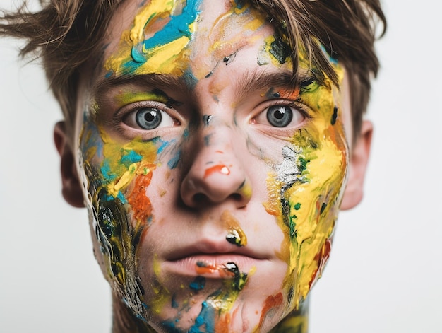 Um jovem com tinta no rosto