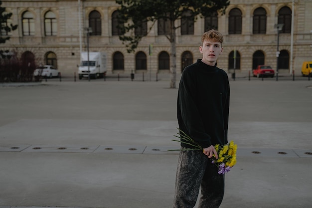 Um jovem com um buquê de flores está nas ruas da cidade