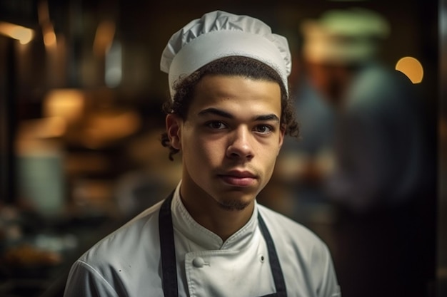 Um jovem com um chapéu de chef está em uma cozinha.