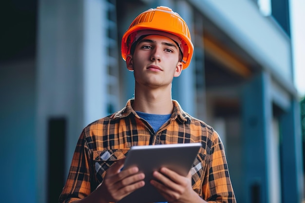 Foto um jovem com um chapéu duro segurando um tablet