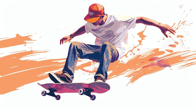 Foto um jovem com um chapéu vermelho e uma camisa branca a fazer skate, tem os braços estendidos para a frente e está a usar calças jeans.