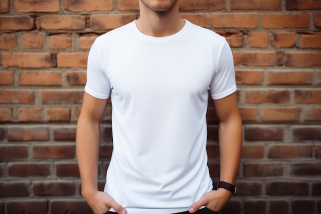Um jovem com uma camiseta branca em branco em pé contra um fundo de tijolos, uma maquete de camiseta masculina