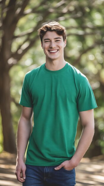 Um jovem com uma camiseta verde sorrindo