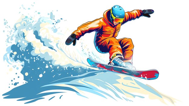 Foto um jovem com uma jaqueta laranja brilhante e capacete azul desce uma encosta íngreme. o snowboarder está cercado por um spray de neve.