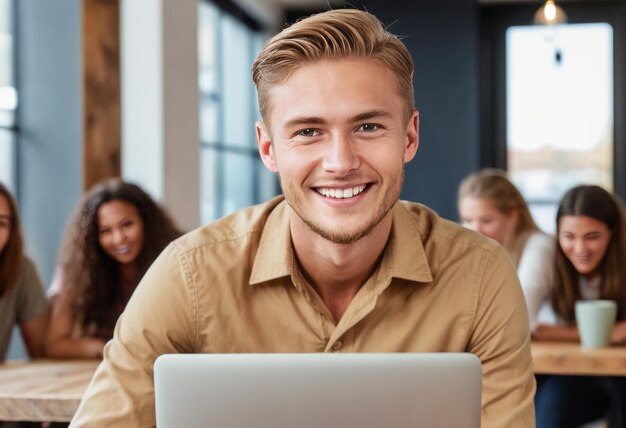 Um jovem concentrado com uma camisa bege usa seu laptop em um espaço de coworking animado cercado de colegas