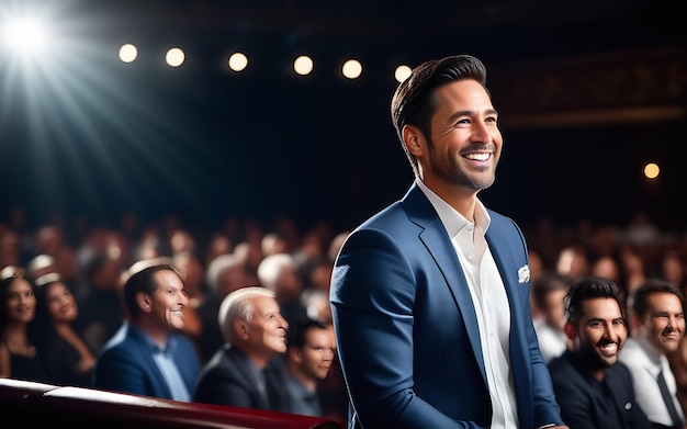 Um jovem confiante homem asiático vestido com um terno de negócios azul fica contra o fundo de um