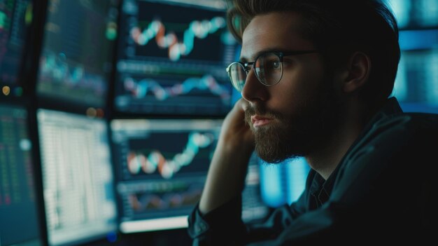 Foto um jovem corretor de bolsa atraente que está analisando commodities e gráficos de mercado de câmbio na frente de um computador