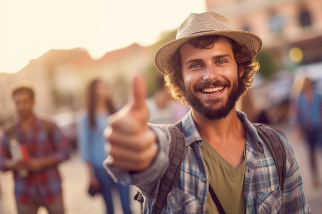 Um jovem dá-nos um polegar para cima no meio de uma viagem na rua