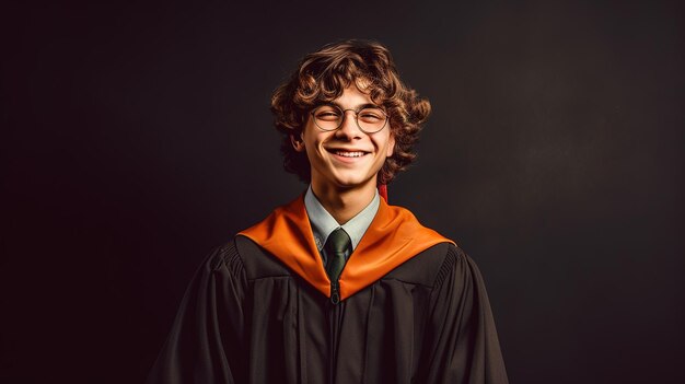 Um jovem de boné e beca sorri para a câmera.