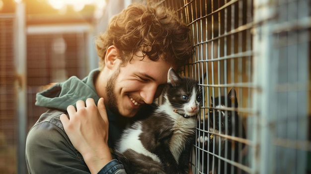 Um jovem de cabelo encaracolado está sorrindo e abraçando um gatinho preto e branco através de uma gaiola