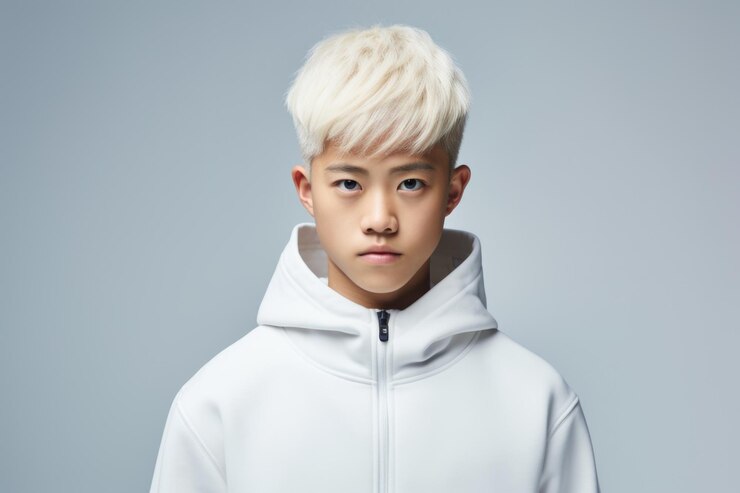 Foto um jovem de cabelo loiro vestindo um capuz branco imagem versátil que pode ser usada em vários contextos