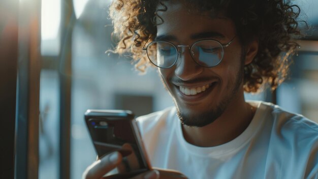 Um jovem de cabelos rizados a ver mensagens com o telemóvel a sorrir.