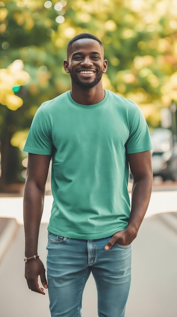 Um jovem de calça jeans e uma camiseta verde sorrindo