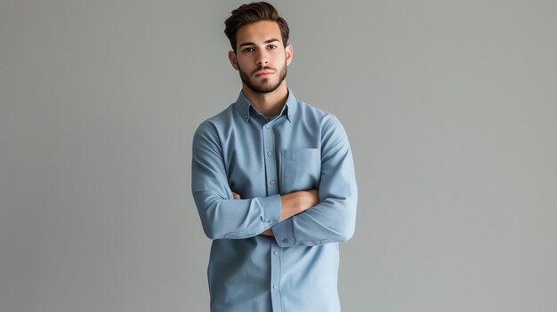 Um jovem de camisa azul está de pé com os braços cruzados. Tem uma expressão de confiança no rosto.