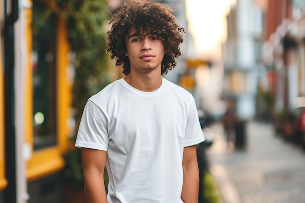 Um jovem de camisa branca está de pé na rua.