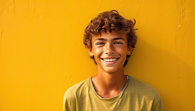 Um jovem de capuz amarelo sorri em frente a uma parede amarela