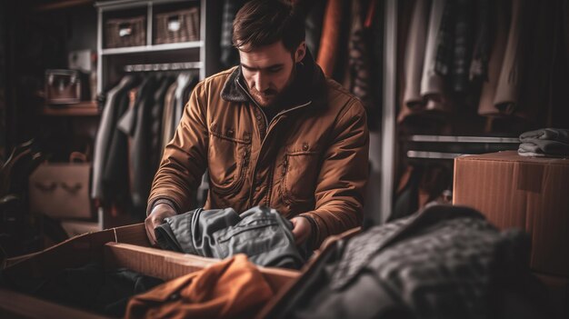 Um jovem de casaco castanho está classificando roupas em uma caixa de madeira