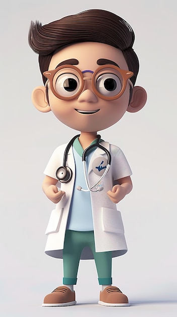 Um jovem de desenho animado com uma bata de laboratório branca com óculos e um estetoscópio