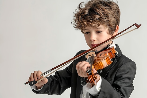 Um jovem de fato preto emergiu tocando violino sobre um cenário branco.