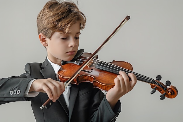 Um jovem de fato preto emergiu tocando violino sobre um cenário branco.