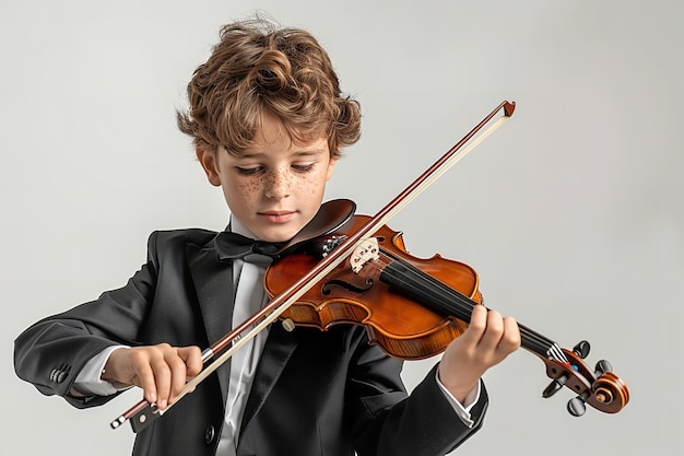 Um jovem de fato preto emergiu tocando violino sobre um cenário branco.