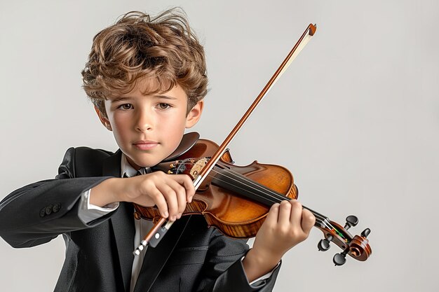 Um jovem de fato preto emergiu tocando violino sobre um cenário branco.