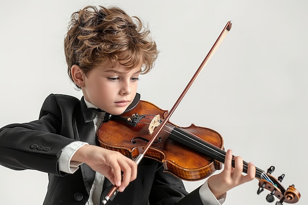 Um jovem de fato preto emergiu tocando violino sobre um cenário branco.