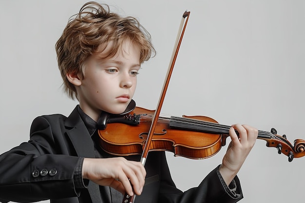 Um jovem de fato preto emergiu tocando violino sobre um cenário branco.