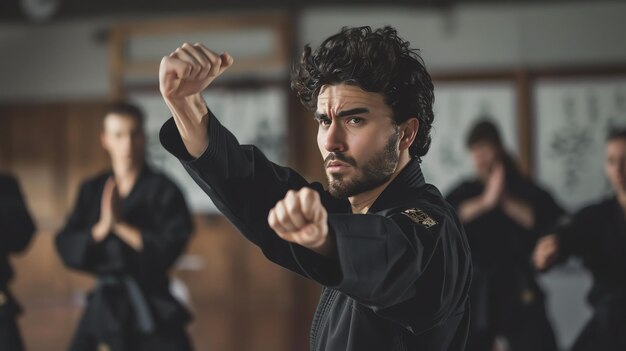 Um jovem de karate preto está a praticar o seu kata. ele está concentrado e determinado e os seus movimentos são precisos e poderosos.