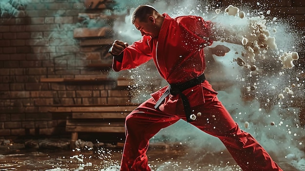 Foto um jovem de karate vermelho está a fazer um buraco numa parede de tijolos. a força do soco fez com que os tijolos explodissem para fora.