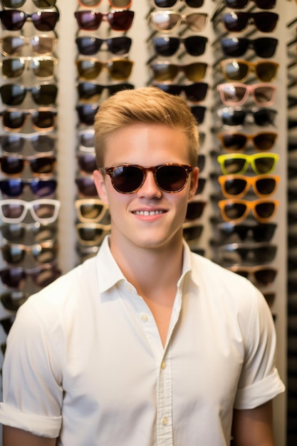 Um jovem de pé junto a uma exposição de óculos de sol