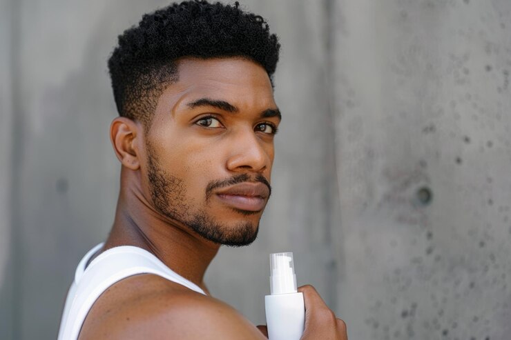 Um jovem de pele escura segurando uma garrafa de produto de cuidados com a pele olhando para a câmera
