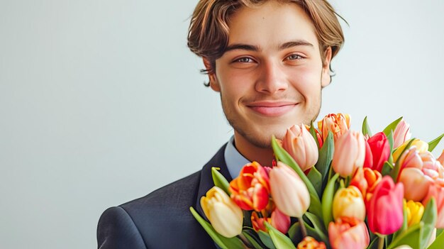 Um jovem de terno clássico com uma gravata segura um buquê de tulipas e sorri