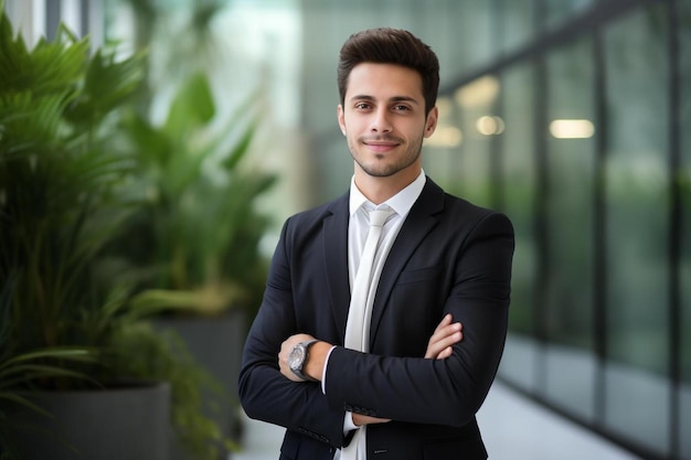 Um jovem de terno fica na frente de uma planta verde.