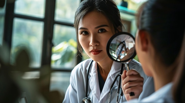 Foto um jovem dermatologista asiático usando uma lupa médica para examinar quaisquer imperfeições na pele de pacientes idosos durante uma visita à clínica trabalhando em uma instalação médica