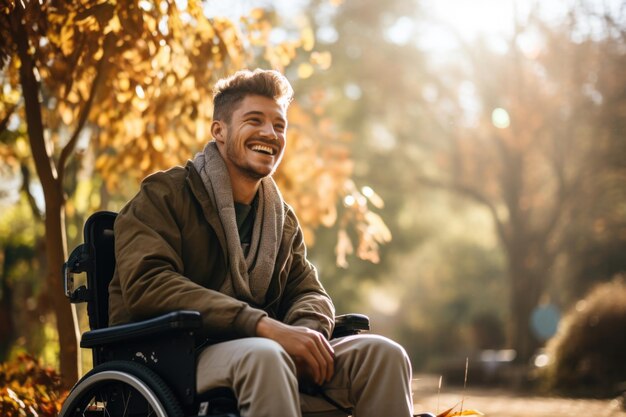 Foto um jovem determinado em cadeira de rodas desfrutando da liberdade de um parque ao ar livre mostrando sua atitude positiva em relação à vida apesar de enfrentar desafios de mobilidade