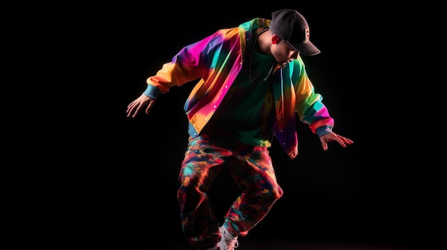 Um jovem e bonito dançarino de hip hop em roupas coloridas de grandes dimensões generative ai