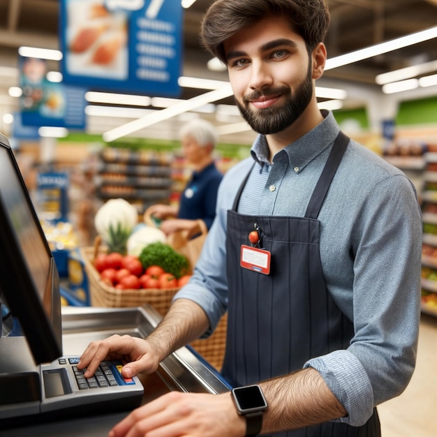 Foto um jovem é caixa num supermercado.