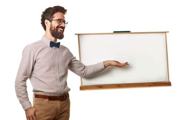 Foto um jovem e feliz professor bonito focado em ensinar e escrever no quadro branco