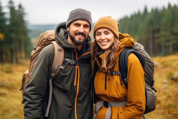 Um jovem e lindo casal com mochilas de caminhada a fazer trekking.