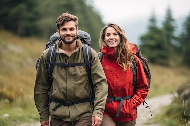 Um jovem e lindo casal com mochilas de caminhada a fazer trekking.